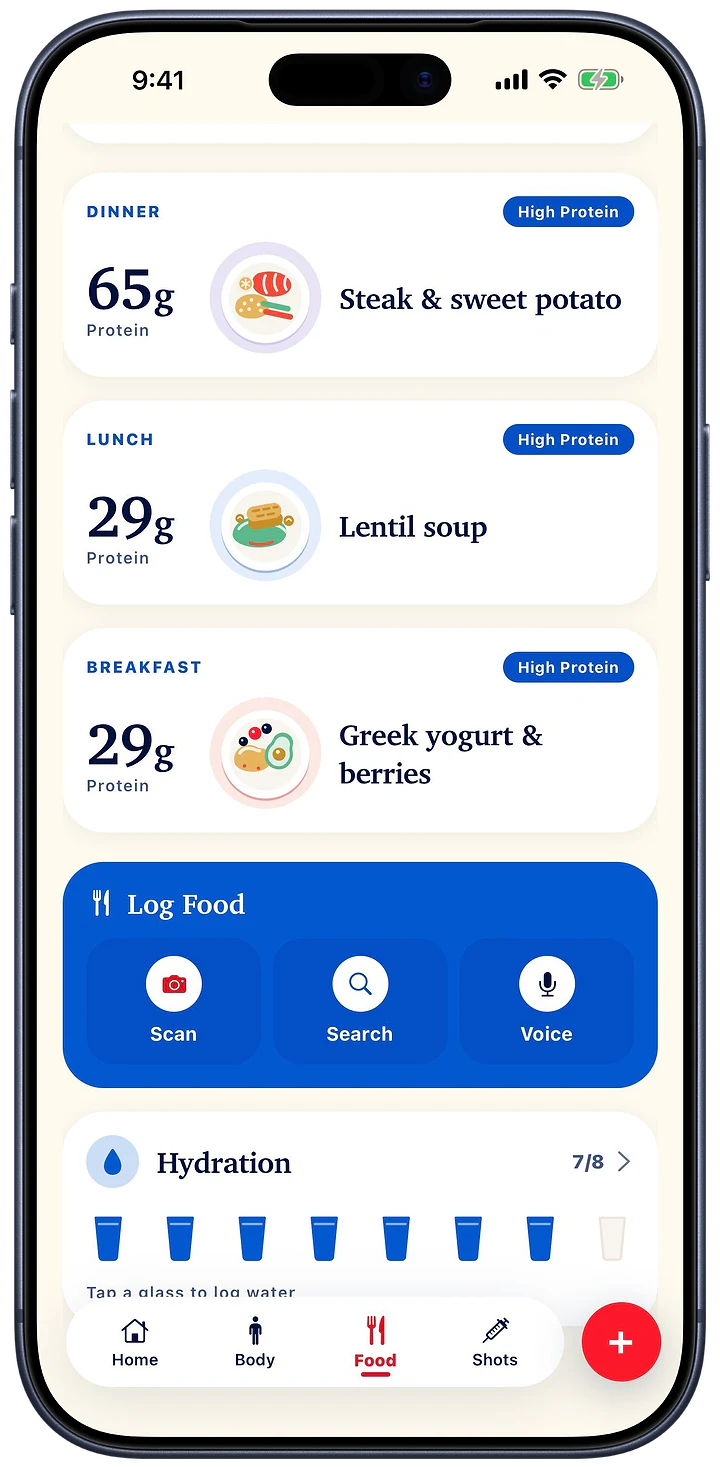 Meals and their protein, with Scan, Search and Voice logging controls.