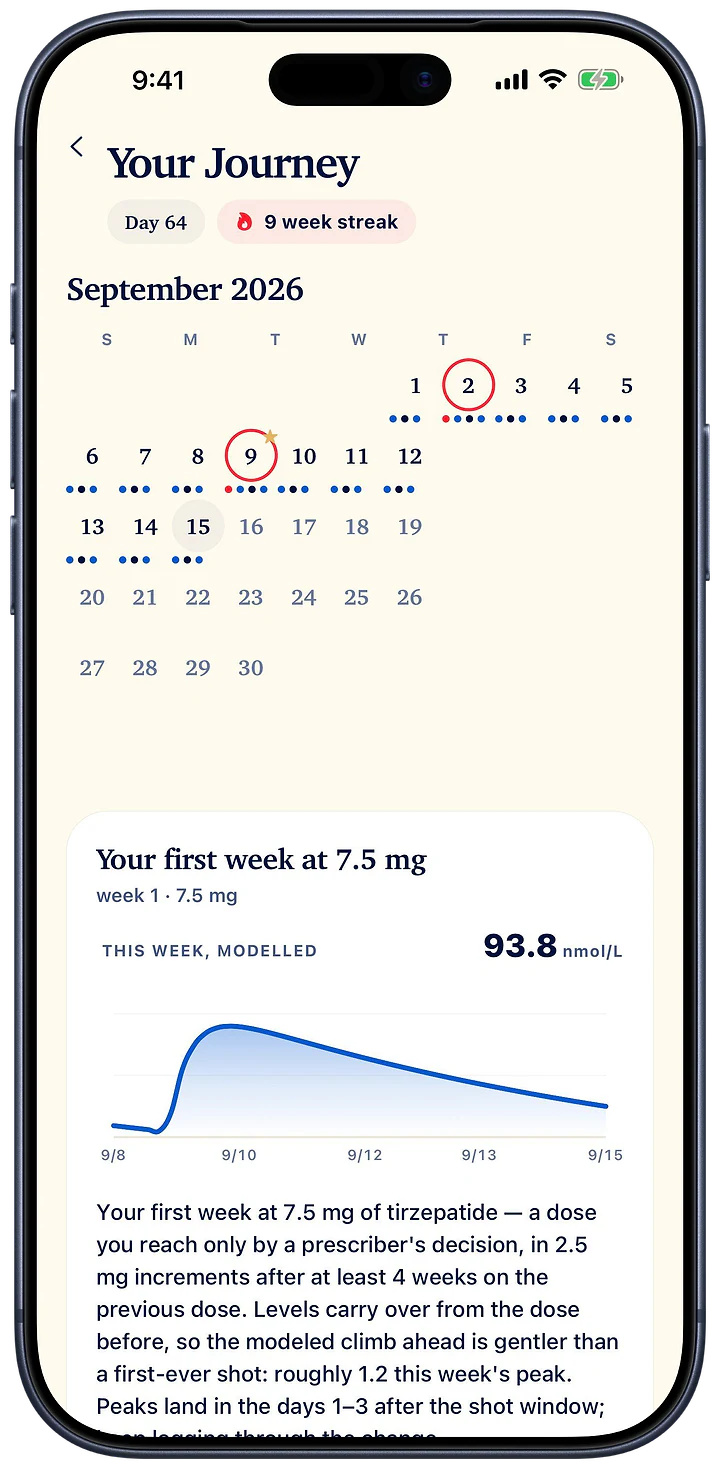 Your Journey: the day count and weekly streak over a calendar of logged days.