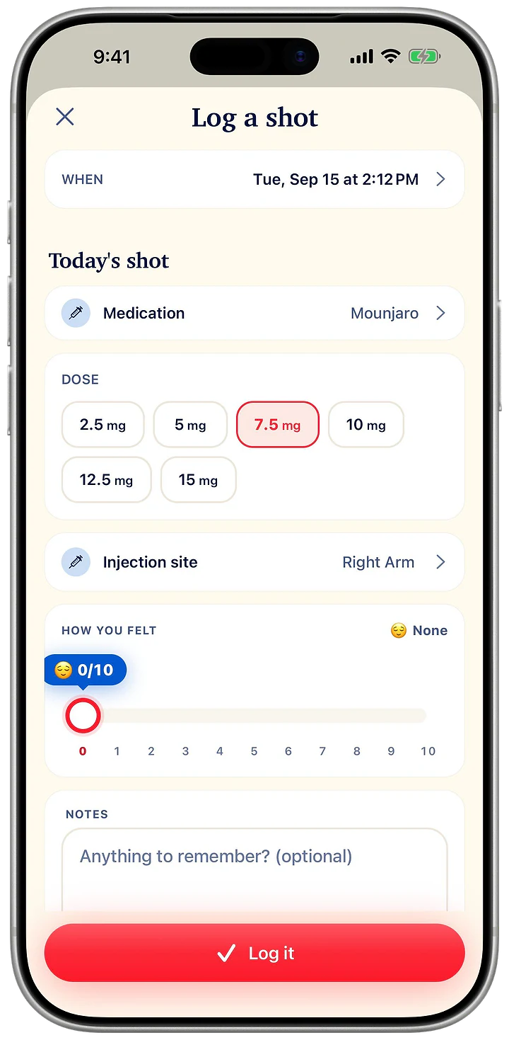 Log a shot: medication Mounjaro, dose chips from 2.5 to 15 mg with 7.5 mg selected, injection site Right Arm, and a how-you-felt slider.