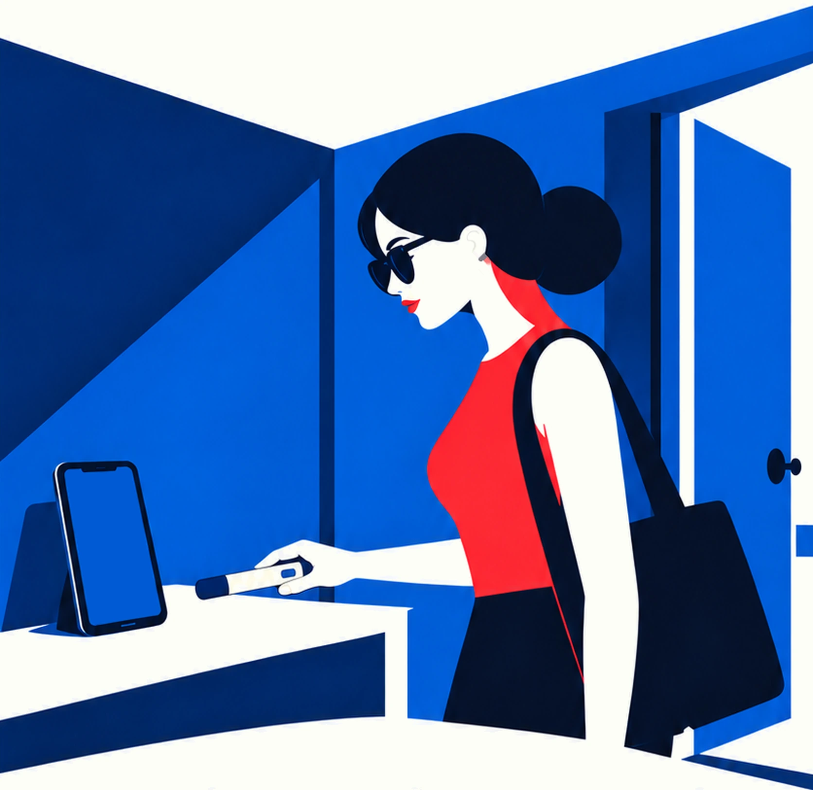 A woman reaches for her pen by the door, with a shot-day reminder on her phone.